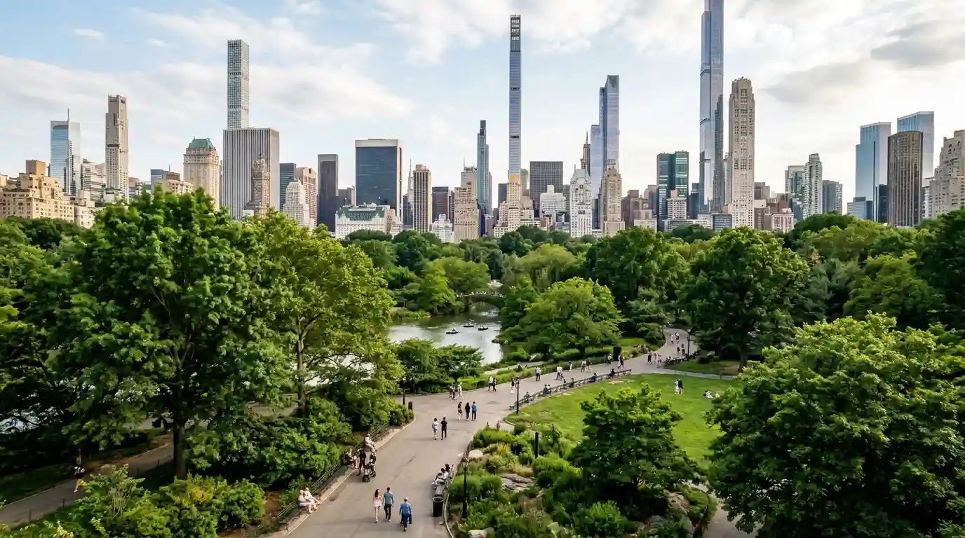 Central Park greenery and walking paths with the Manhattan skyline rising behind the trees.