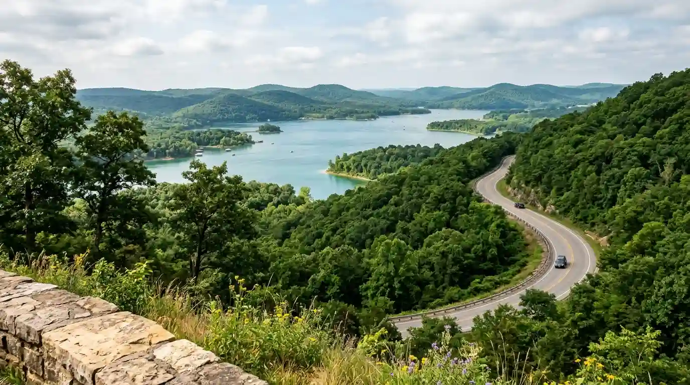A scenic view of forested Ozark hills and a lake near Eureka Springs, Arkansas.