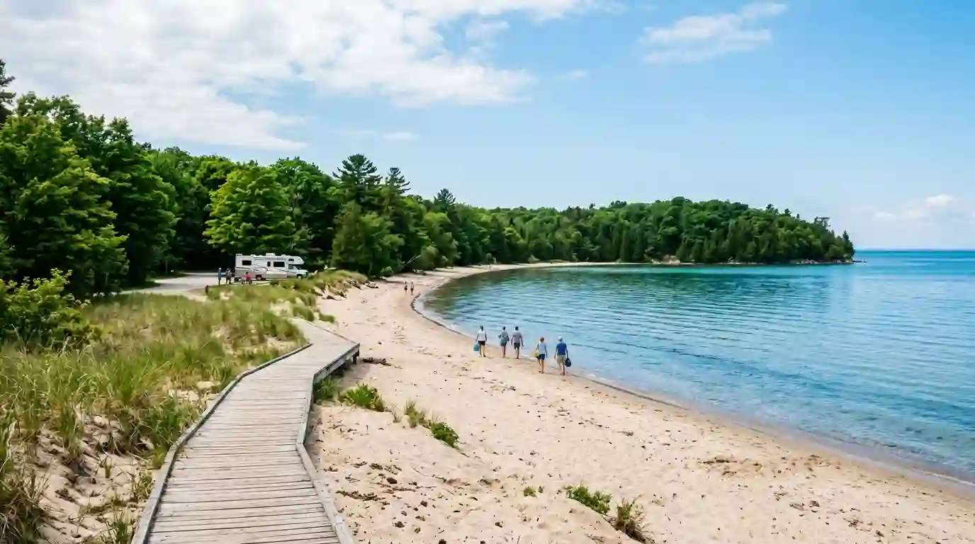 Sandy Lake Michigan beach with blue water and green trees on a sunny summer day.