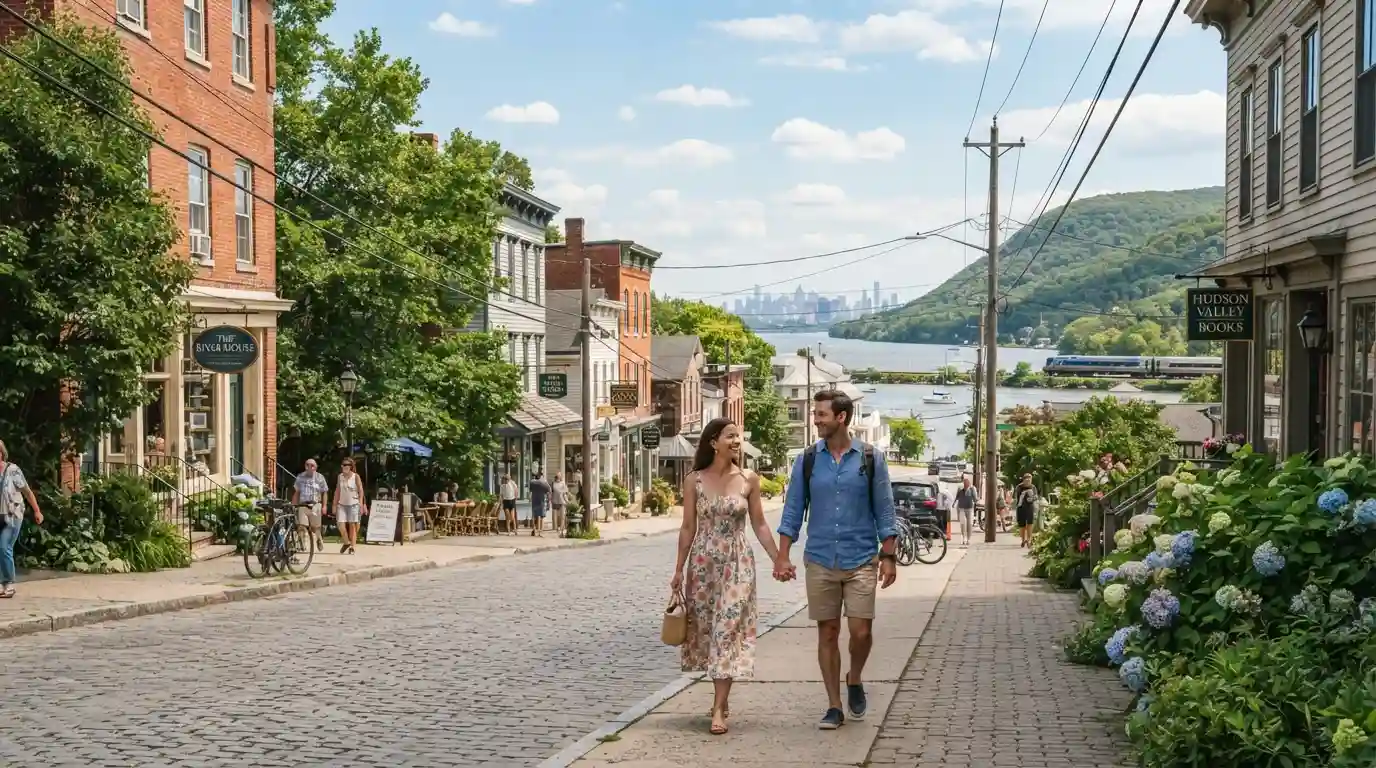 Summer getaway destination near New York City with green hills, a riverside setting, and travelers exploring a charming town