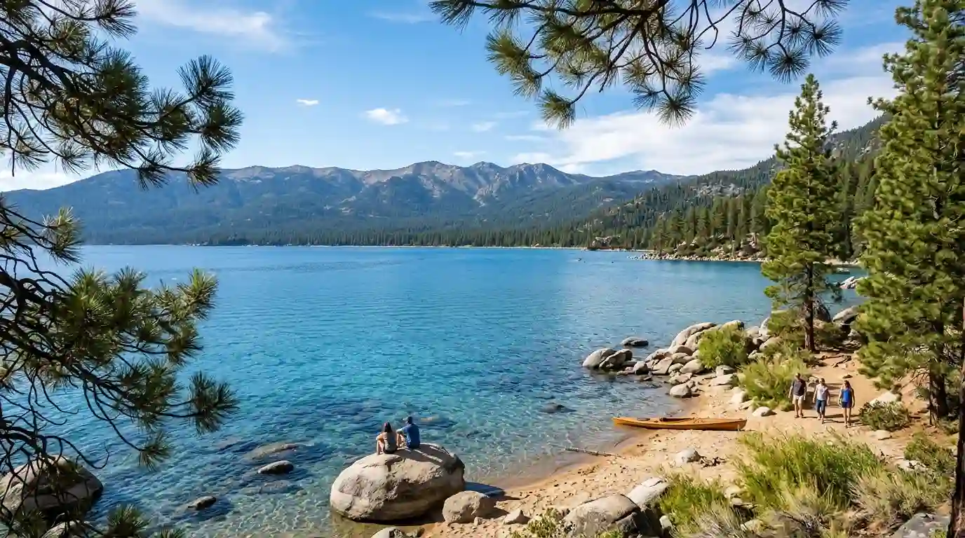 Clear blue alpine lake surrounded by pine-covered mountains in Northern California during summer.