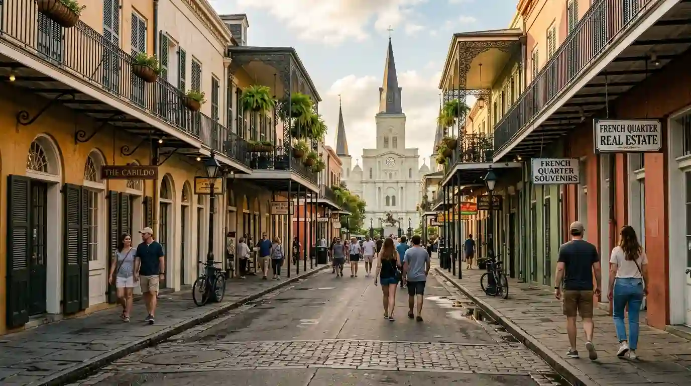 Historic French Quarter architecture and St. Louis Cathedral in New Orleans, Louisiana.