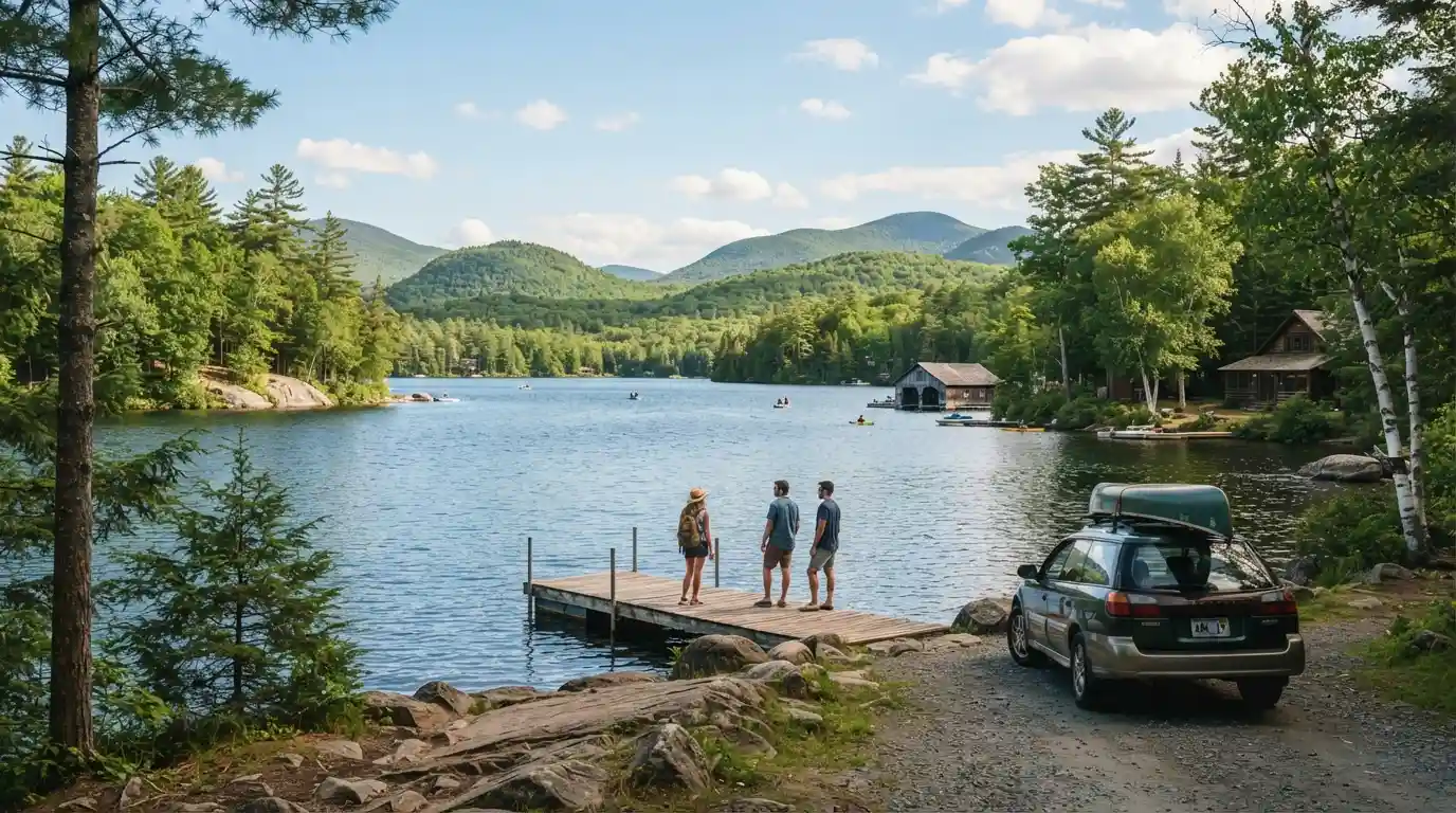 Scenic New York State lake and mountain landscape surrounded by lush summer greenery