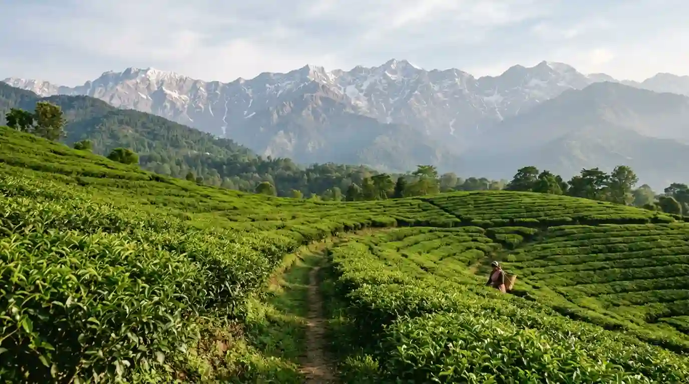 Green tea gardens in Palampur with the Dhauladhar mountain range in the background.