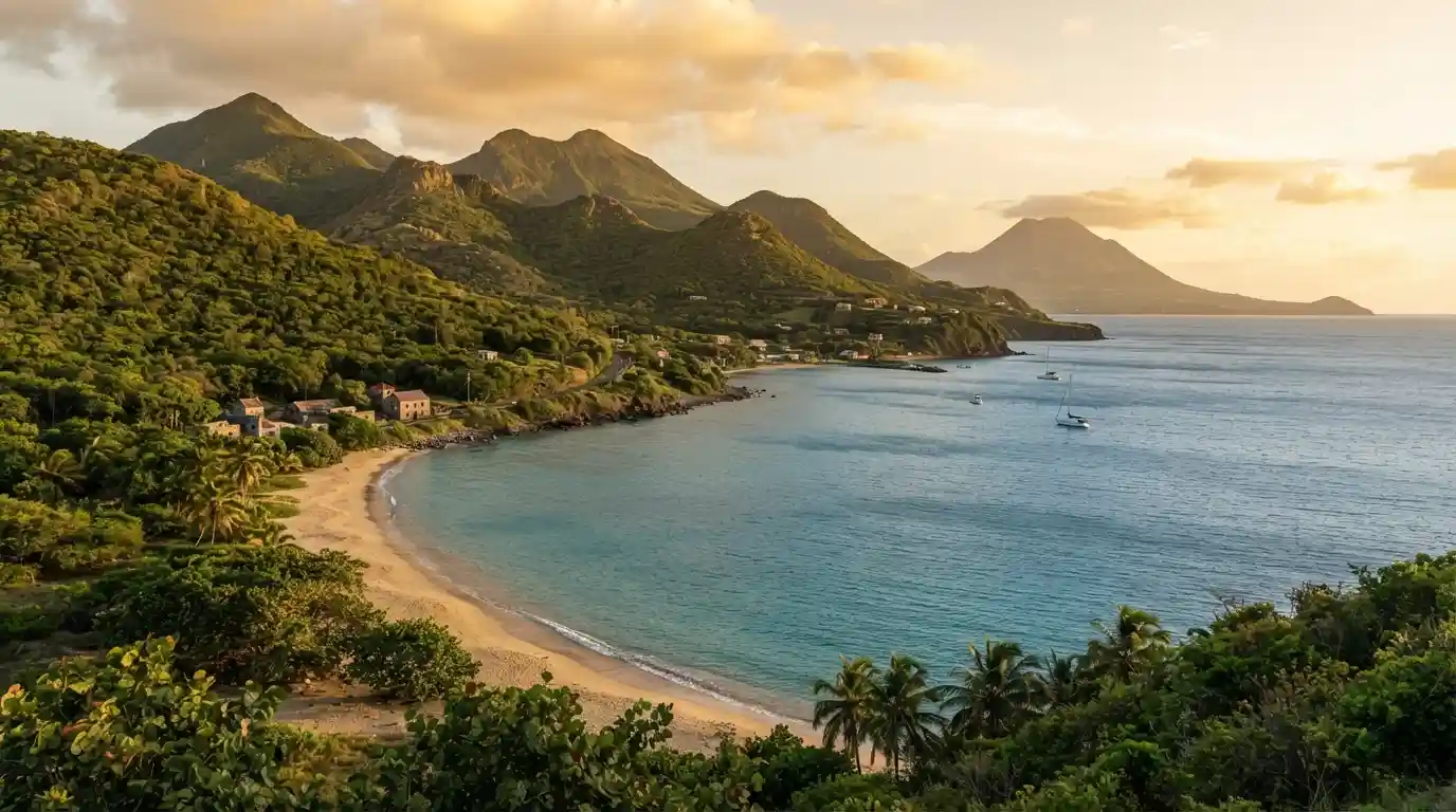 Scenic Caribbean coastline with lush volcanic mountains and tropical landscape in Saint Kitts and Nevis