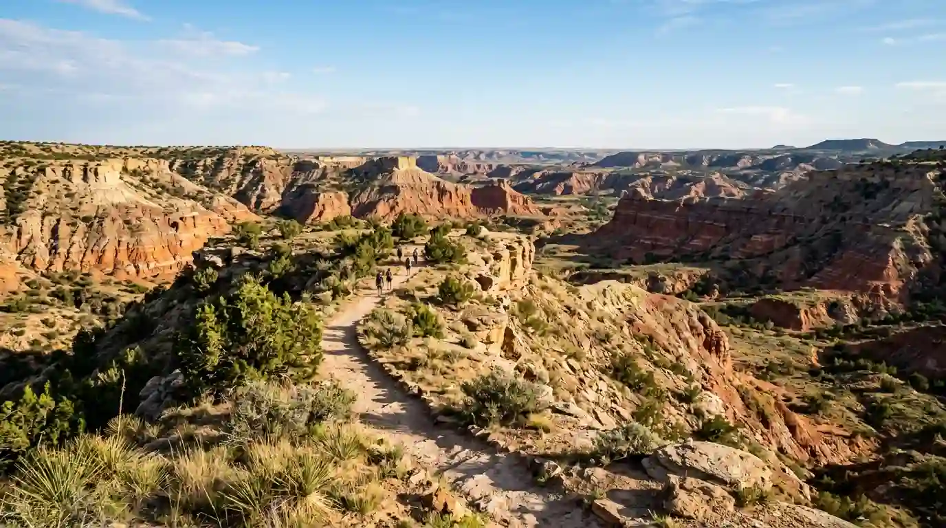 Colorful sandstone cliffs and rugged canyon trails at Palo Duro Canyon in the Texas Panhandle.