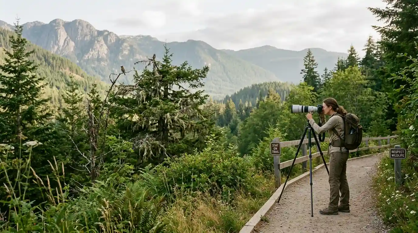 Photographer using a telephoto camera from a marked nature trail to photograph a bird in its natural habitat.
