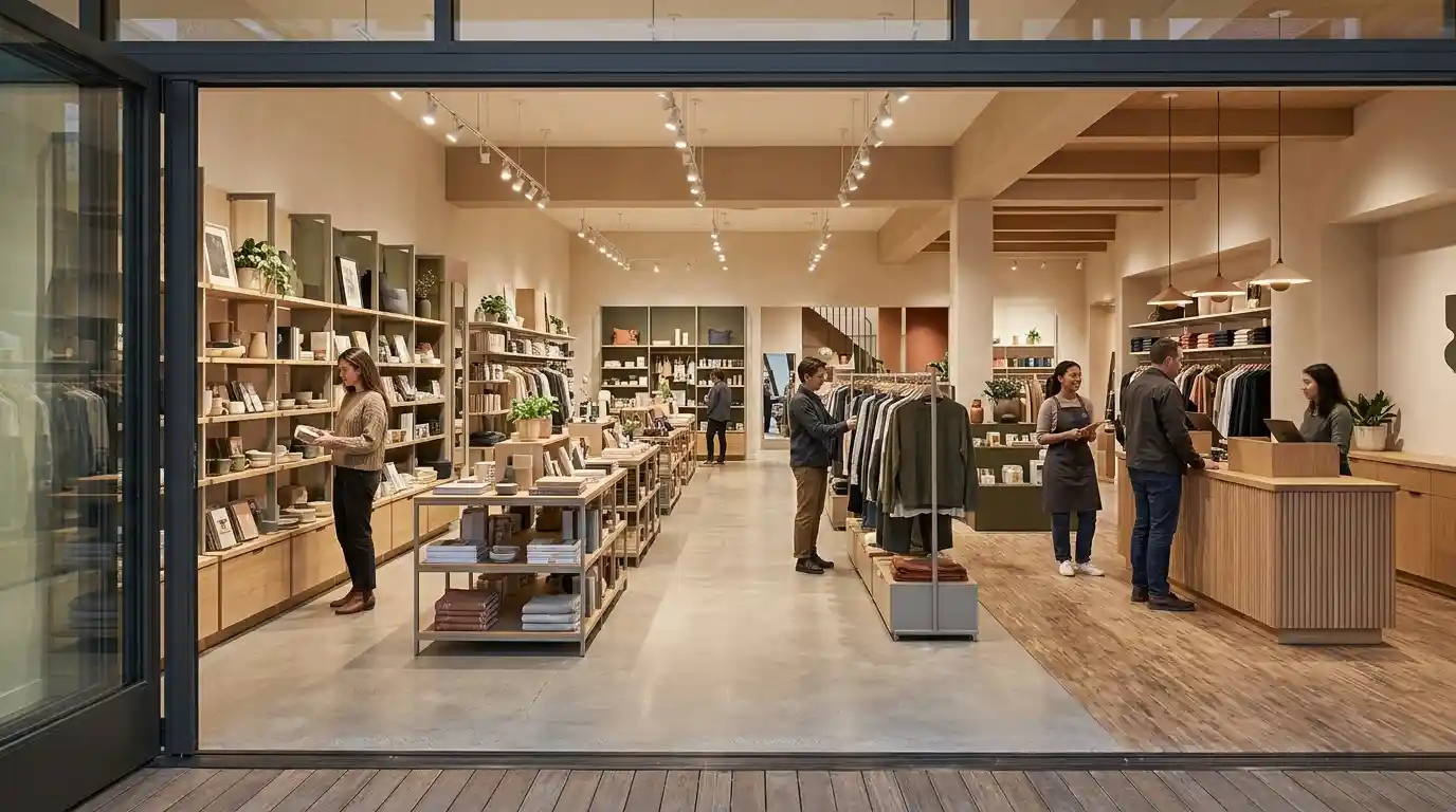 Modern retail store with organized product displays, welcoming lighting, spacious aisles, and shoppers browsing merchandise.