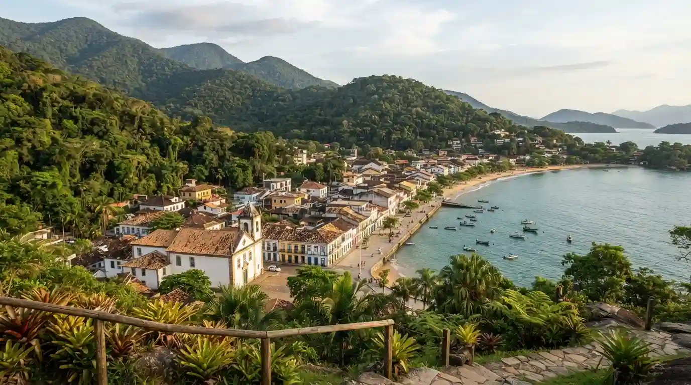 Historic Brazilian architecture with lush mountains and coastal scenery representing São Paulo state