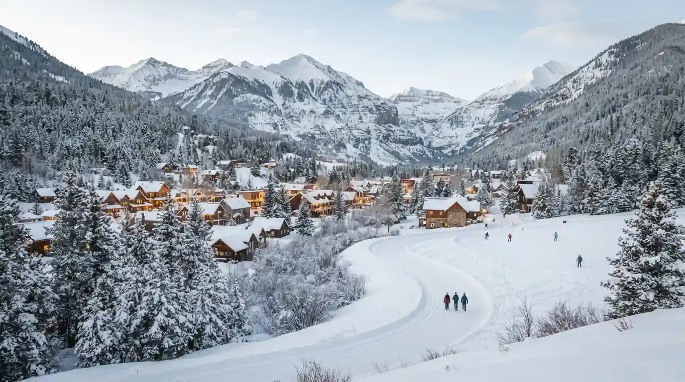 Snow-covered American mountain village surrounded by evergreen trees and alpine peaks