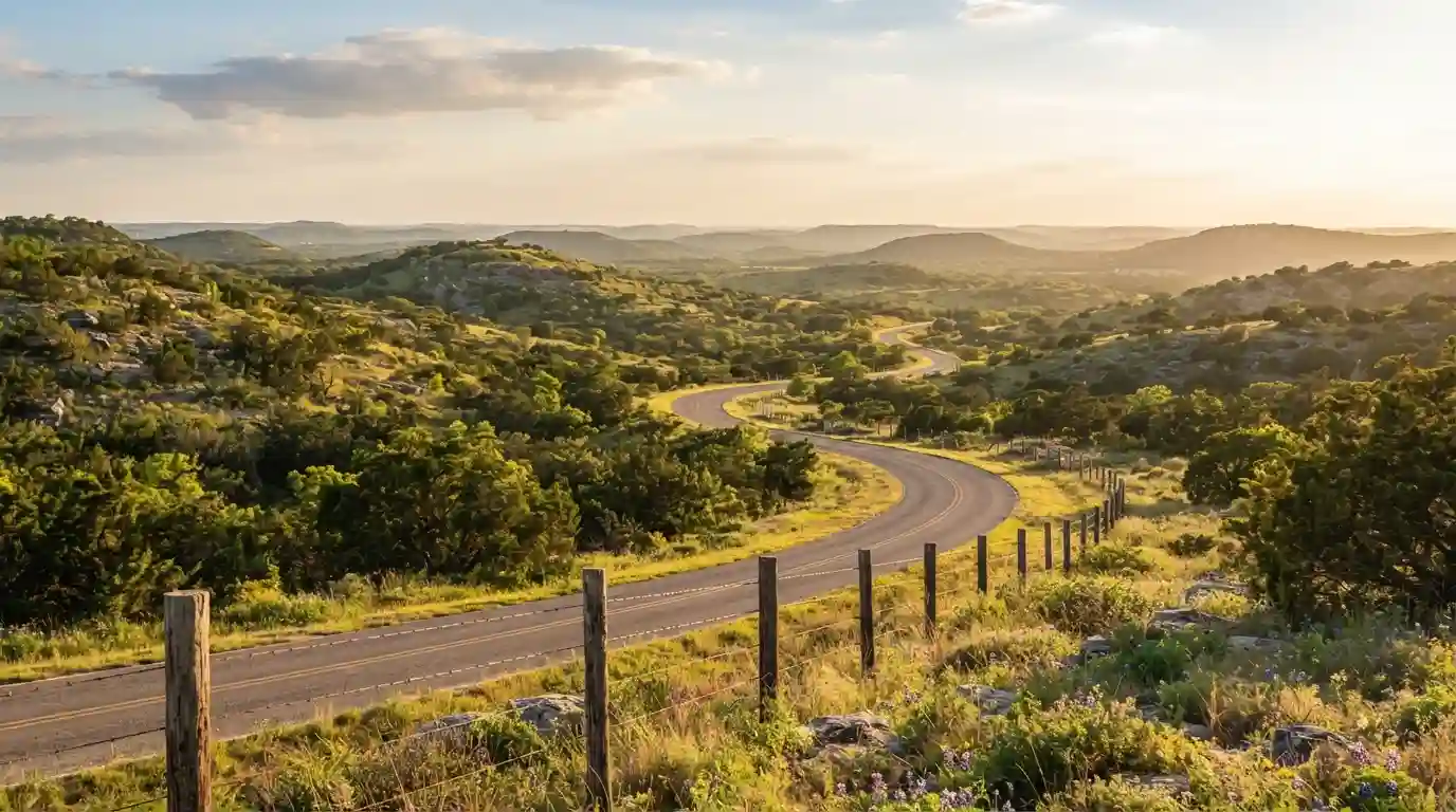 Scenic Texas Hill Country landscape with rolling hills, oak trees, and a winding country road