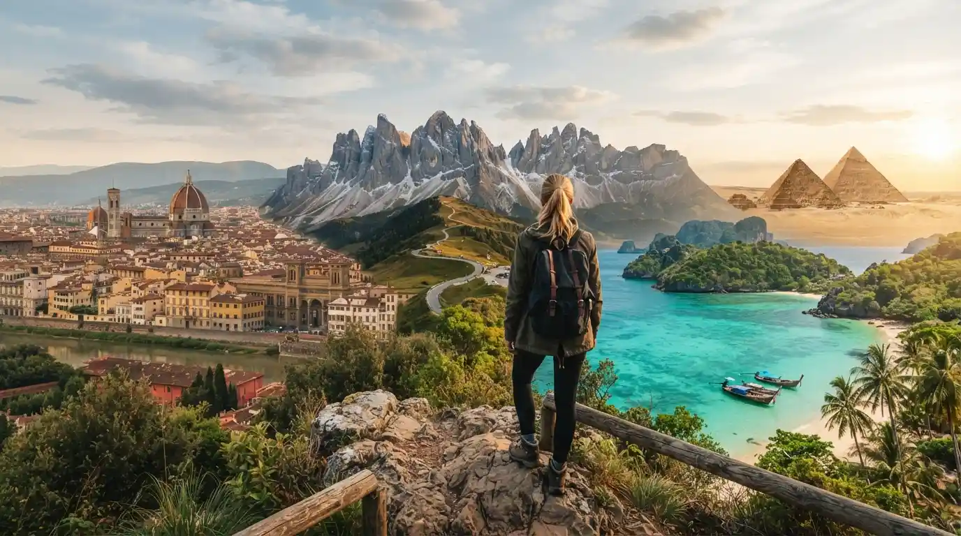 Traveler viewing a scenic global travel landscape with mountains, historic architecture, and tropical coastline