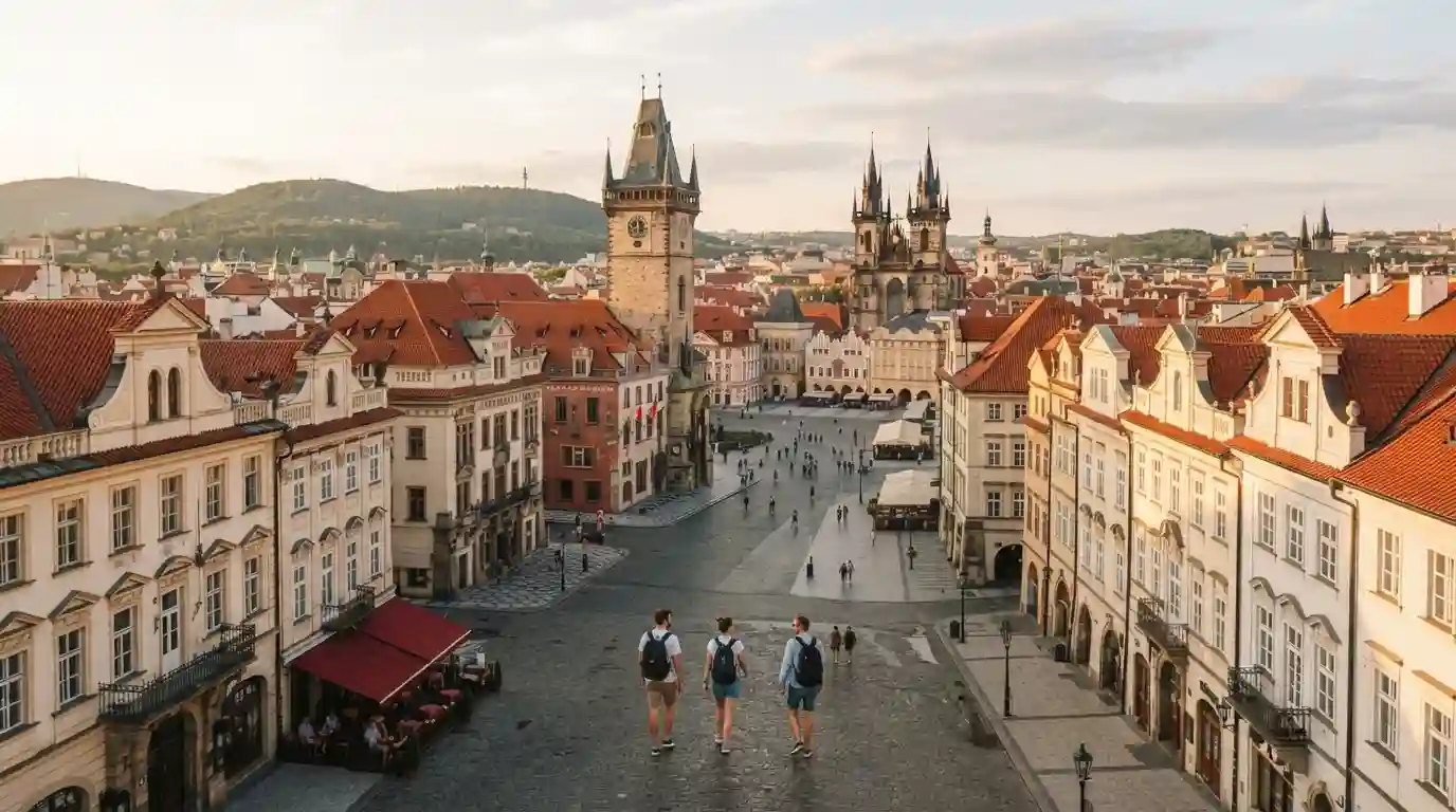 Historic Eastern European cityscape with old-town architecture and travelers exploring the streets