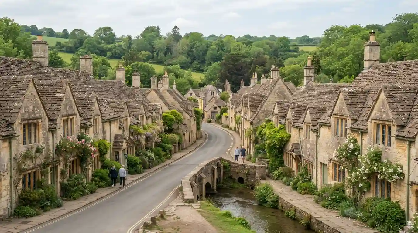 Honey-colored Cotswold cottages surrounded by green English countryside