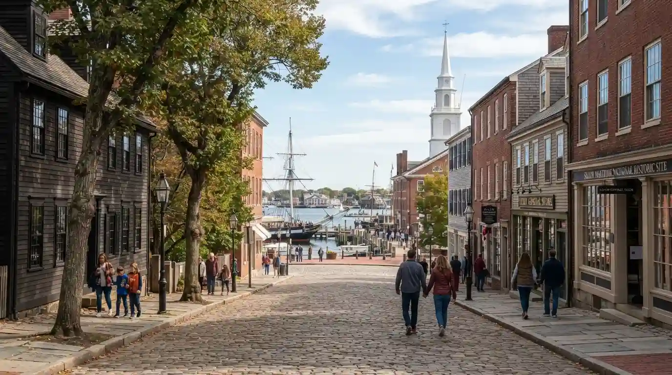 Historic Salem, Massachusetts street with colonial architecture and a coastal New England setting