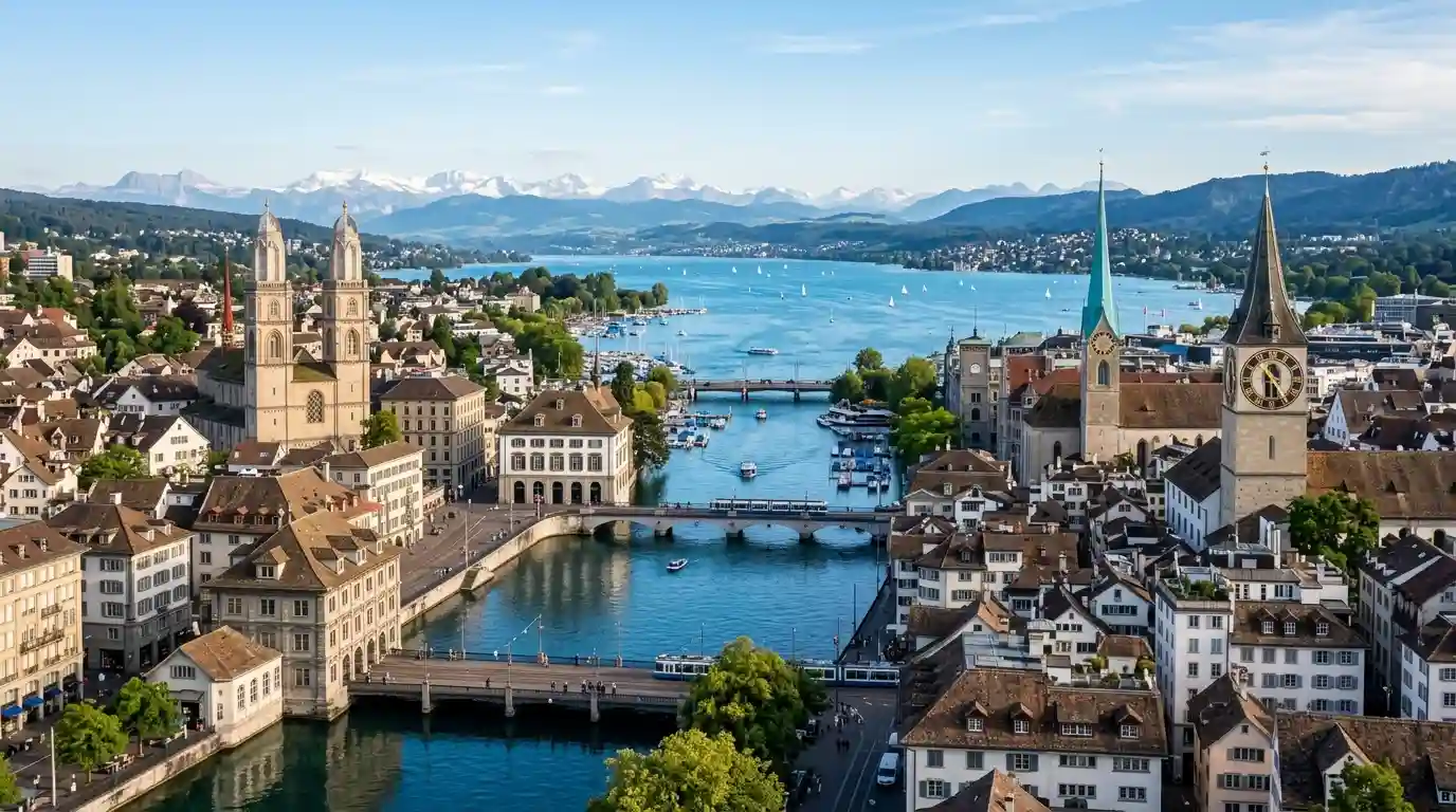 Zurich Old Town along the River Limmat with historic church towers and Alpine scenery in the distance.