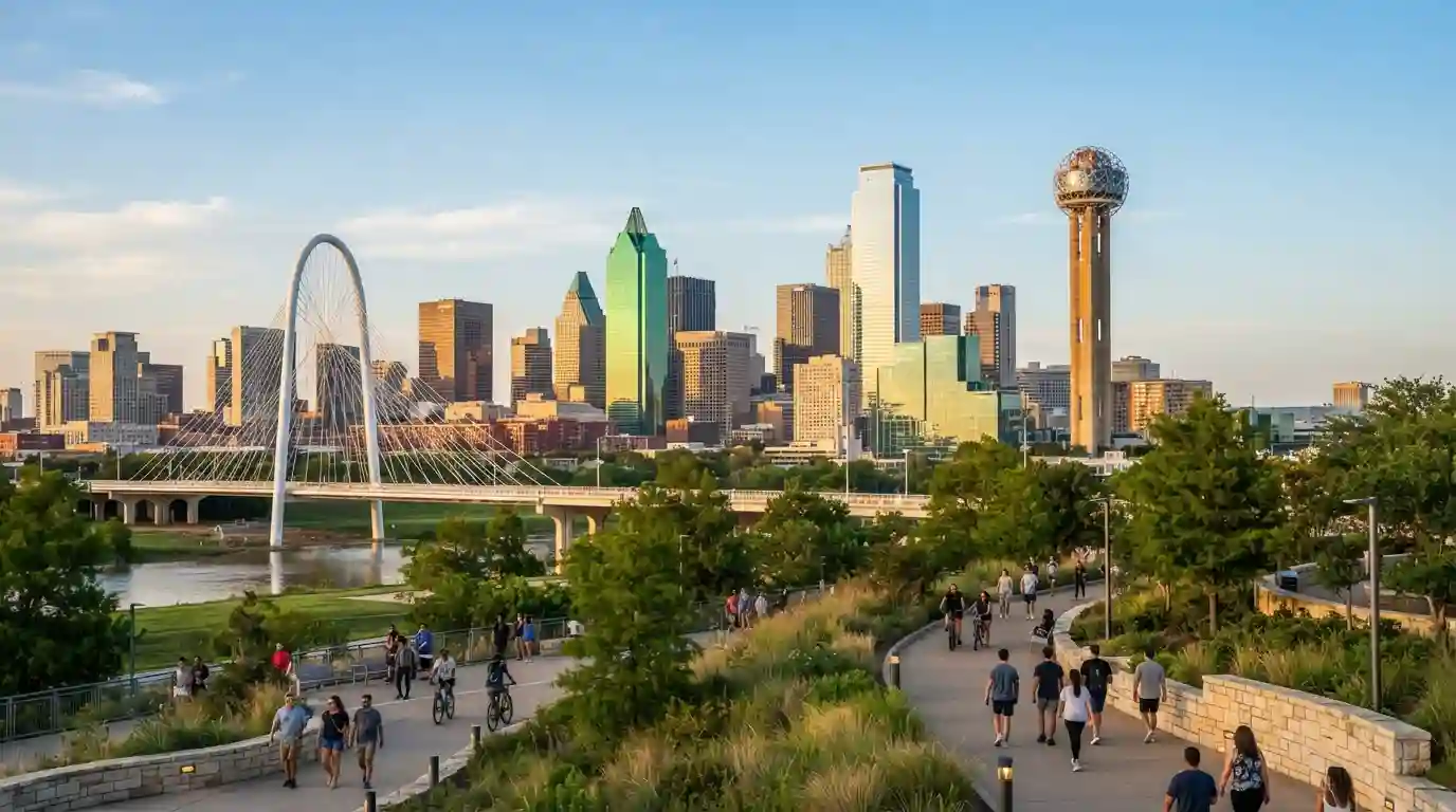 Dallas skyline with Reunion Tower and downtown attractions at sunset