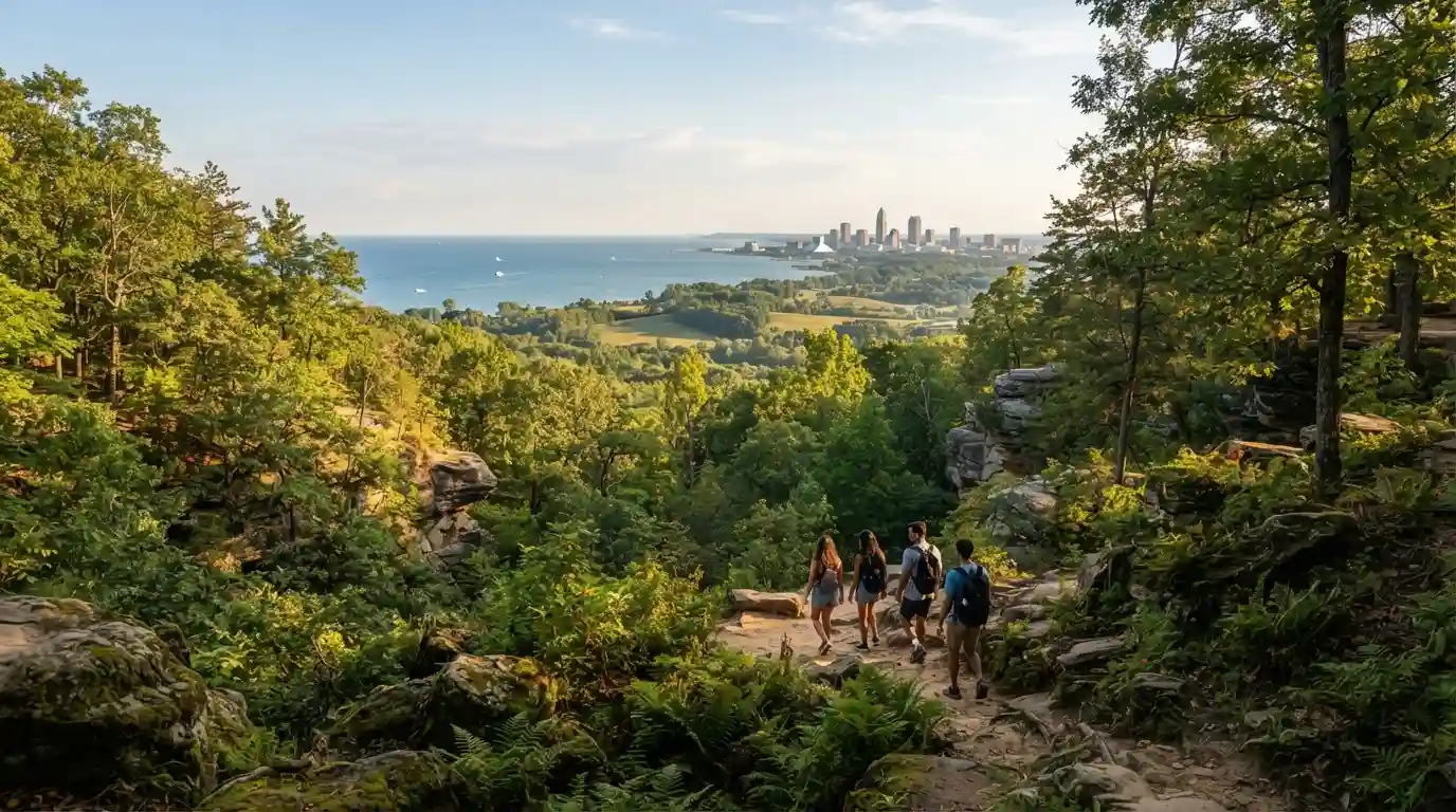 Travelers exploring a scenic Ohio landscape with wooded hills and a Lake Erie shoreline