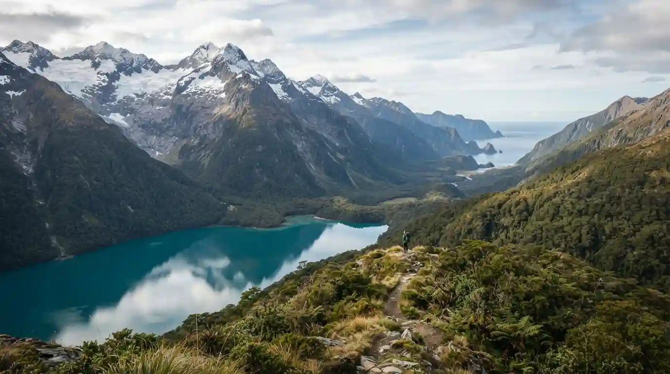 Dramatic New Zealand landscape with mountains, an alpine lake, and lush green scenery