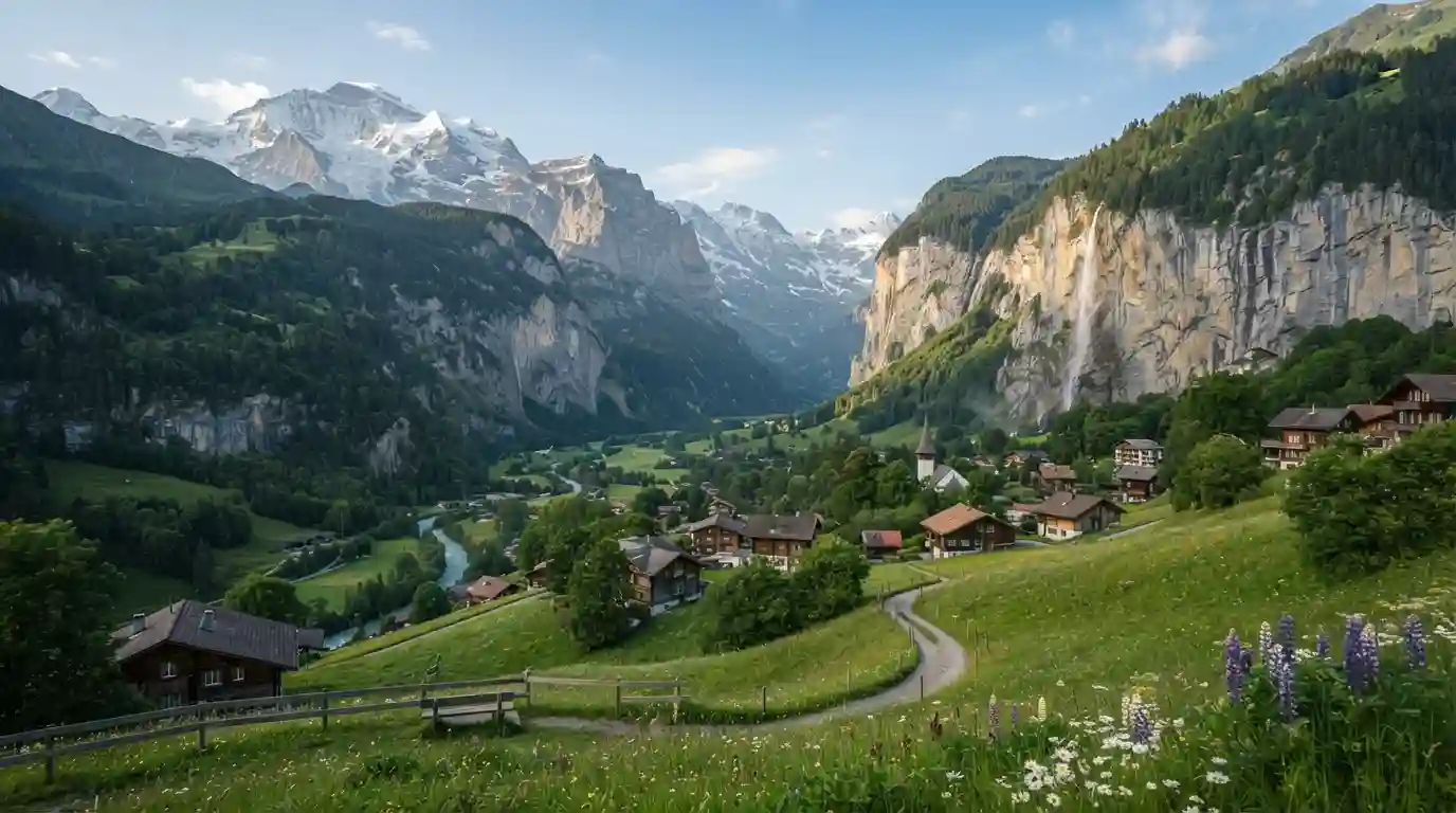 Swiss alpine village surrounded by mountains, a turquoise lake, and a waterfall