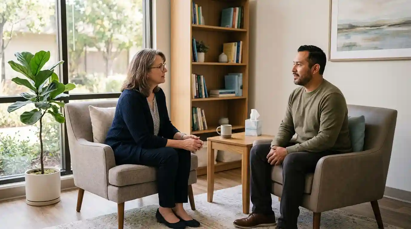 Mental health professional speaking with an adult patient in a welcoming consultation room.