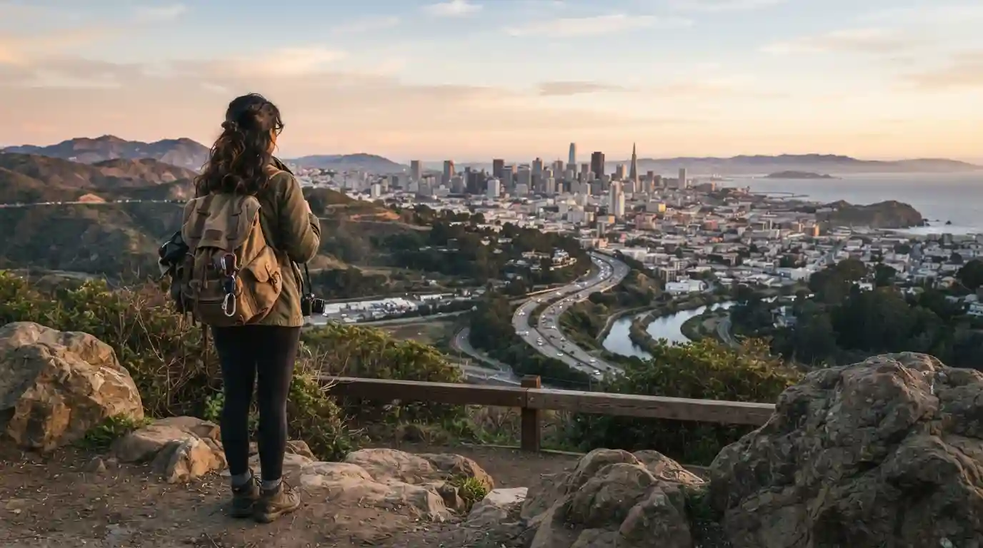 Traveler with a backpack looking across a scenic landscape while choosing a travel destination