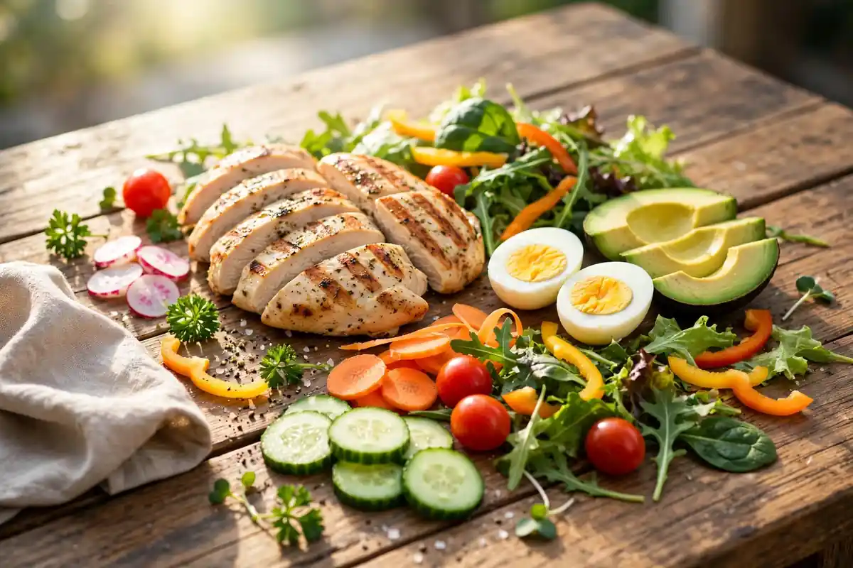 Healthy balanced meal with chicken, avocado, and vegetables for intermittent fasting