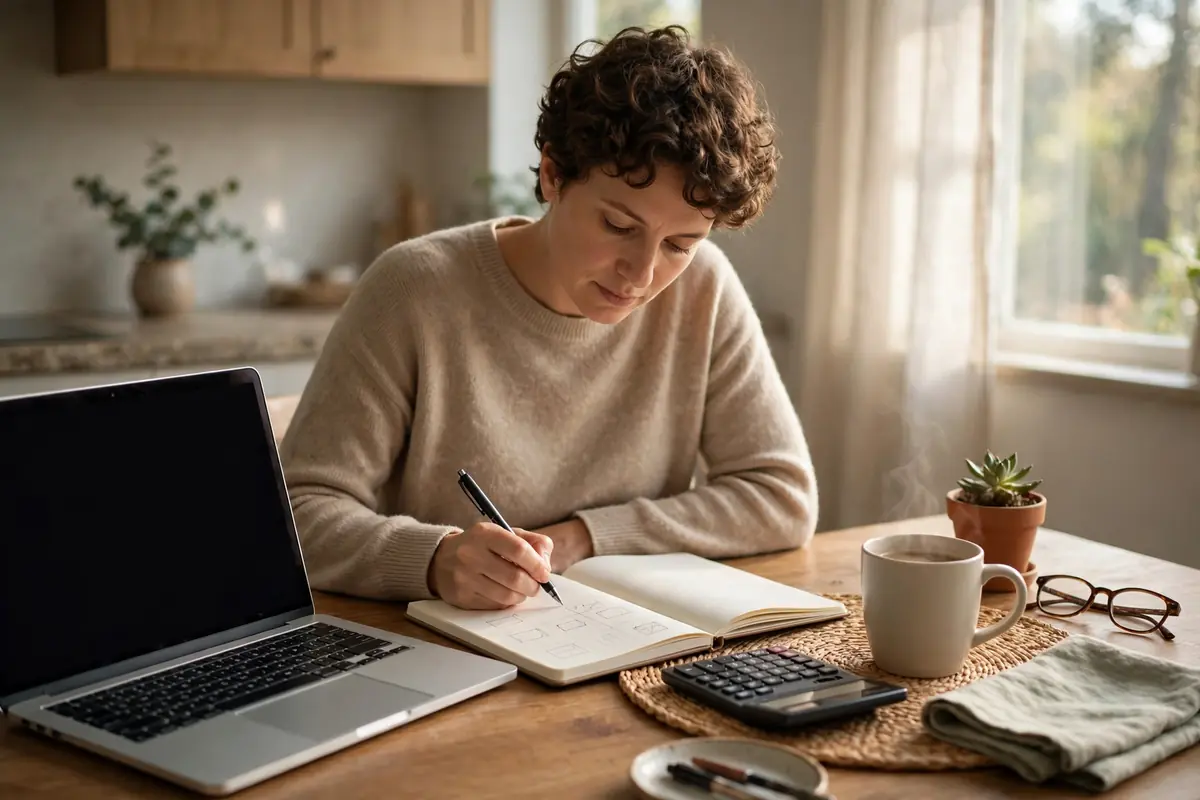 Person planning a monthly household budget at a kitchen table with laptop