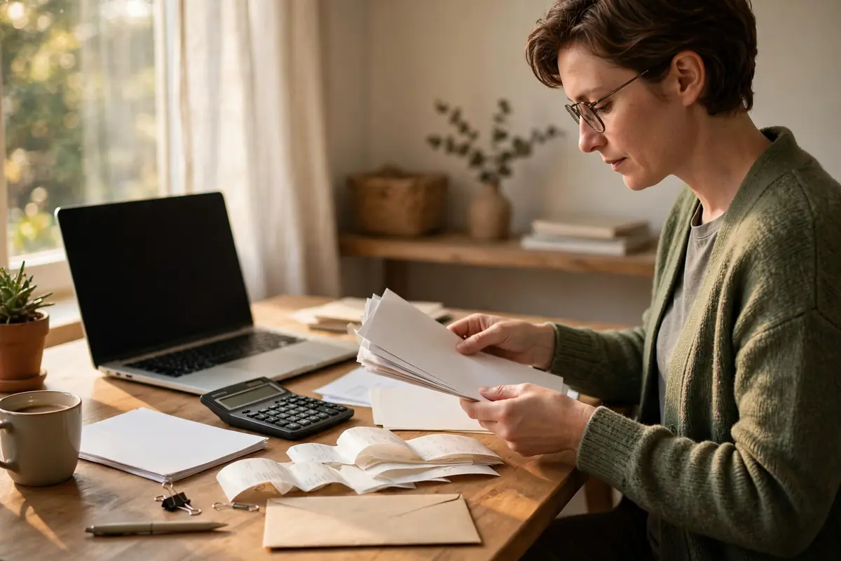 Small business owner organizing tax receipts and paperwork on a desk
