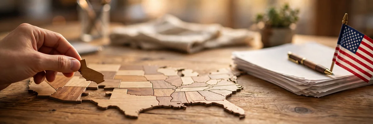 Best states to start an LLC — USA map puzzle pieces and LLC formation documents on a desk