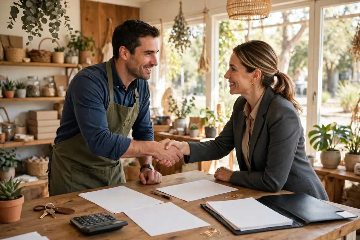 A small business owner shaking hands with an insurance advisor over paperwork at a shop counter, with documents and a calculator on the desk