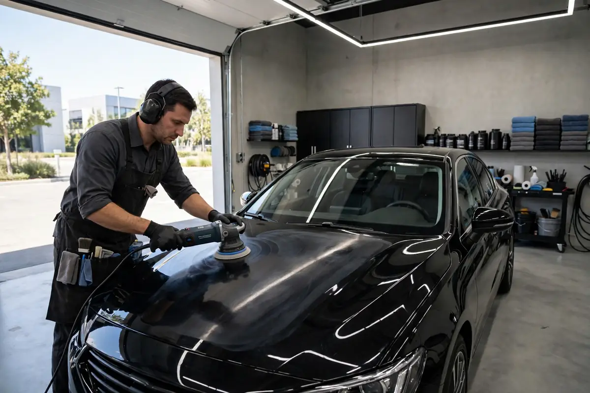 How to start a car detailing business — professional detailer polishing a black sedan with a buffer in a modern garage