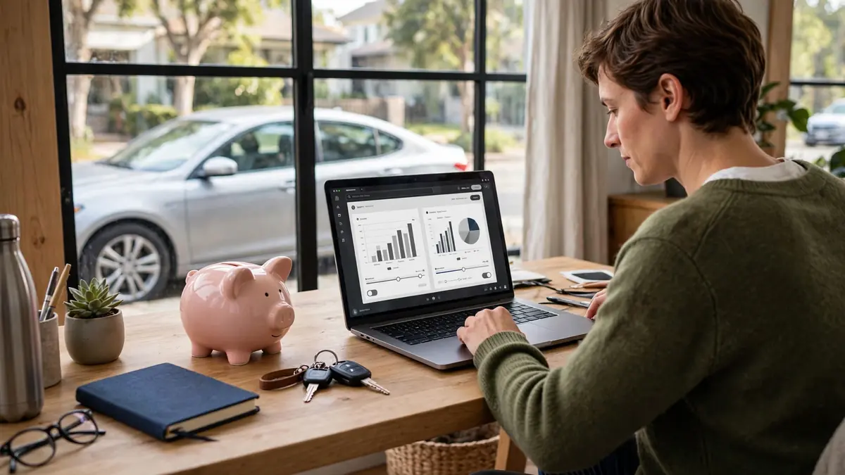Cheapest car insurance — person comparing car insurance quotes on a laptop with car keys and a piggy bank on the desk