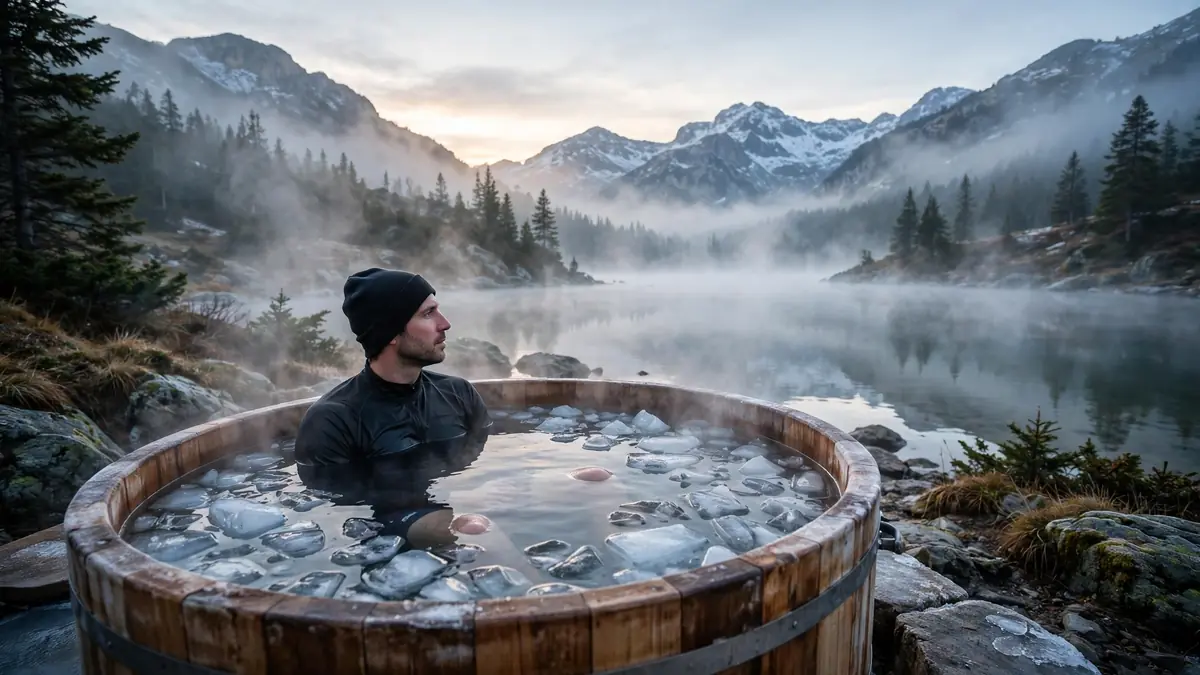 Cold plunge benefits — person sitting in an outdoor ice bath tub at a mountain lake at dawn
