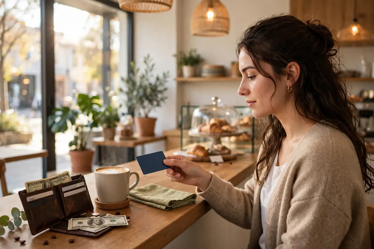 A person paying with a credit card at a bright American cafe counter, with a wallet and a coffee on the counter