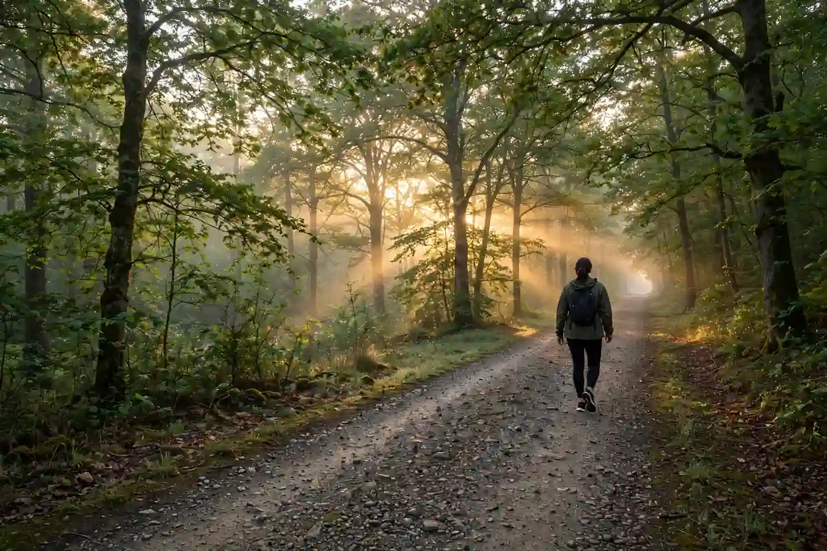 Person walking on a tree-lined path at sunrise