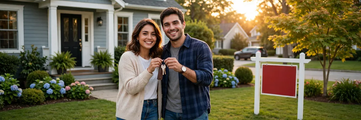 FHA loans explained — young couple holding house keys in front of their new suburban home