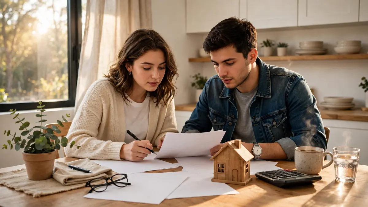HELOC explained — couple reviewing home loan paperwork with a house model and calculator at a kitchen table