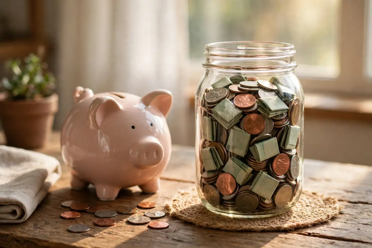 Savings jar with coins and dollar bills next to a piggy bank