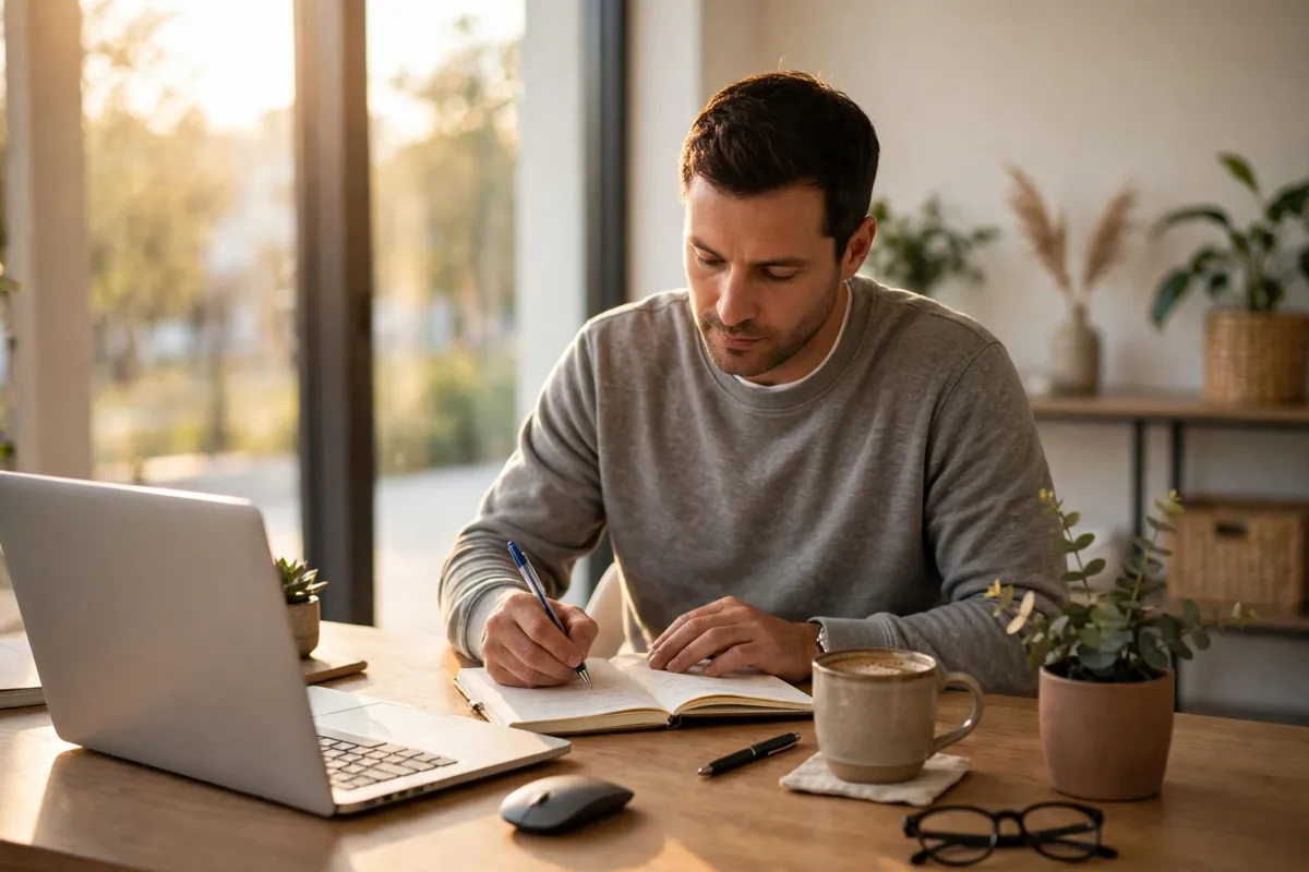 Small business owner writing a business plan at a bright office desk with a laptop and notebook