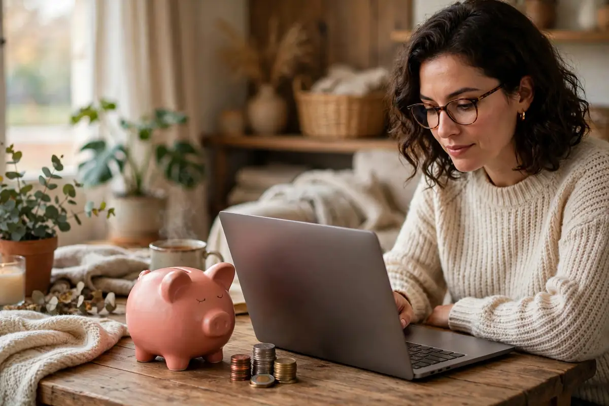 How to improve your credit score fast — person reviewing finances on a laptop next to a piggy bank