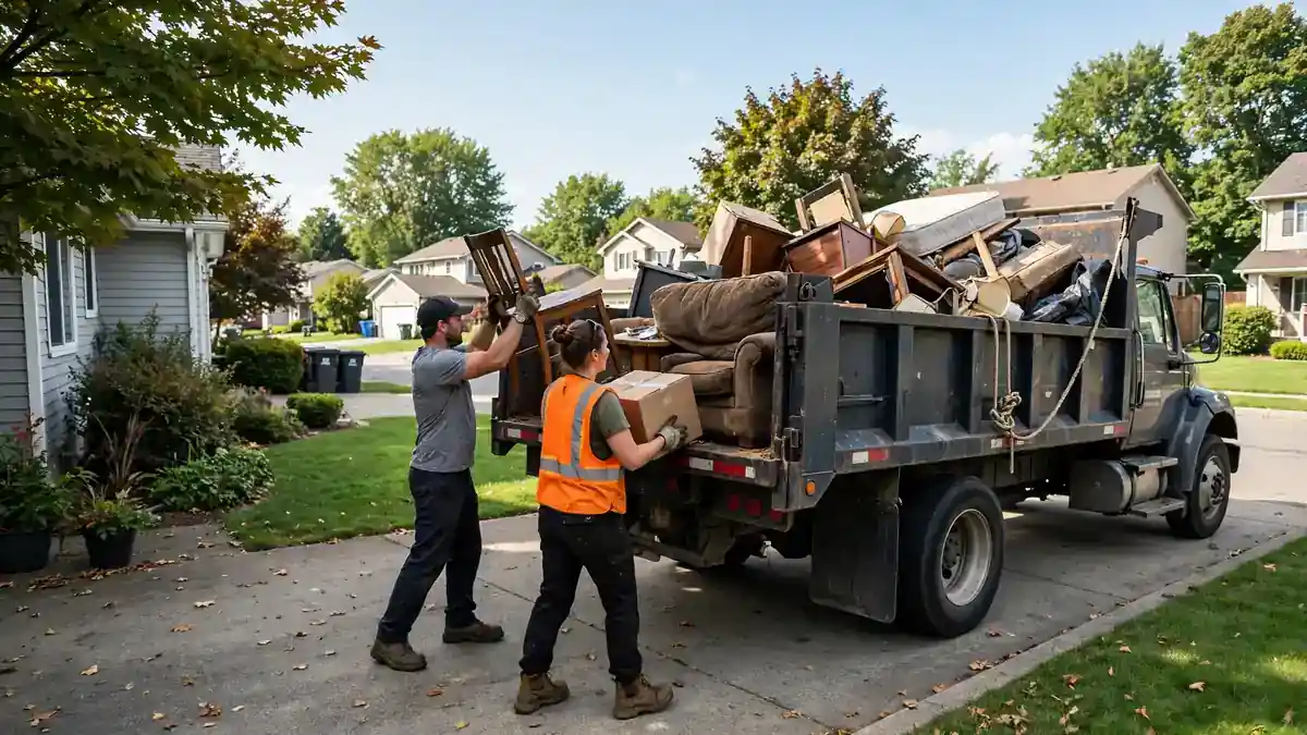 How to start a junk removal business — crew loading old furniture into a junk removal truck on a suburban driveway