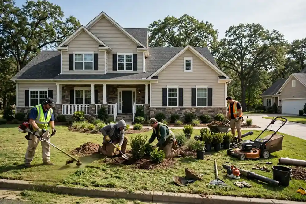 A professional landscaping crew trimming a lawn and planting shrubs in front of a suburban American home, with a mower and garden tools nearby
