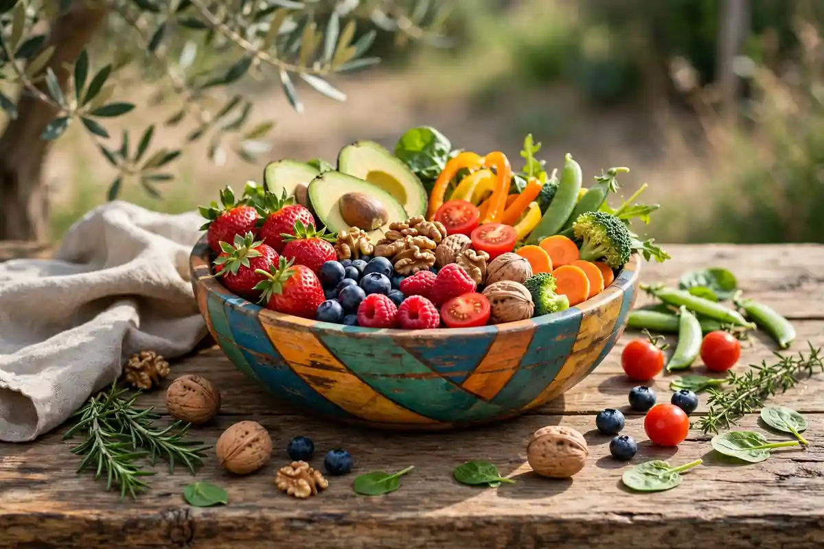 Bowl of heart-healthy vegetables, berries and walnuts