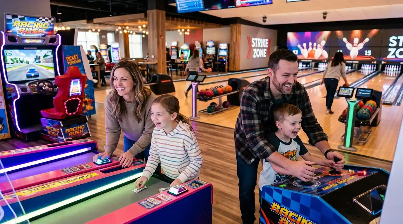 Family enjoying arcade games at an indoor entertainment center with bowling lanes in the background.
