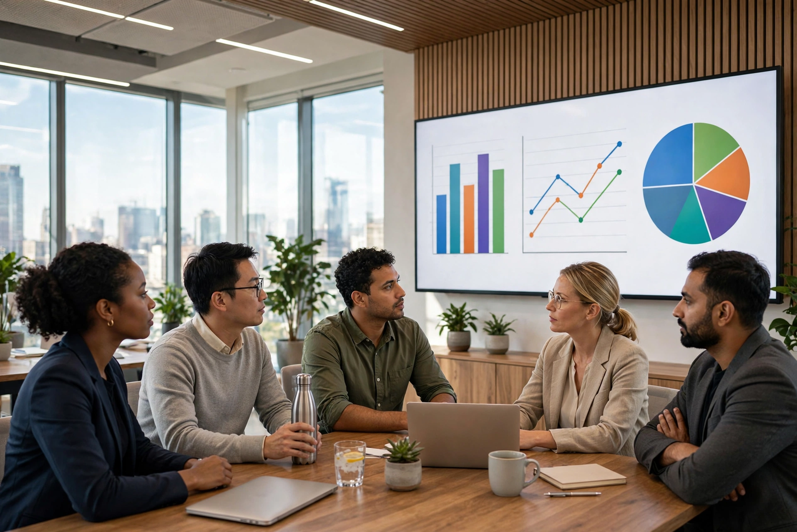 Digital marketing strategy planning session with analytics dashboard, charts, and social media icons