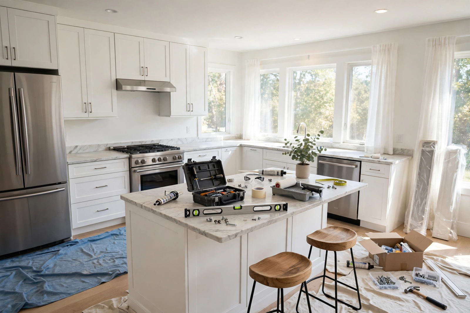 Kitchen renovation ideas on a budget showing a modern renovated kitchen with white cabinets