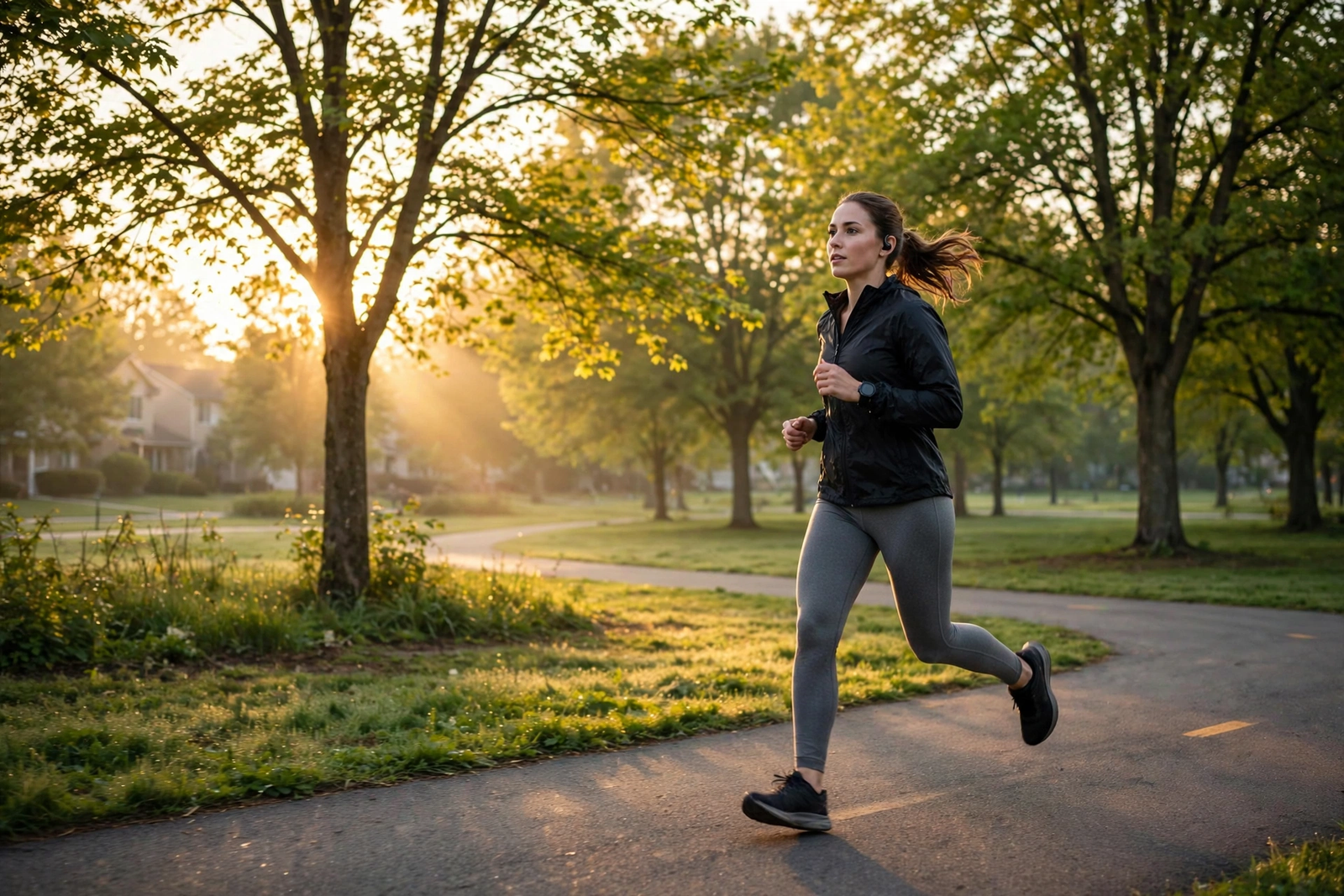 Morning jog in the park at sunrise representing the benefits of morning exercise