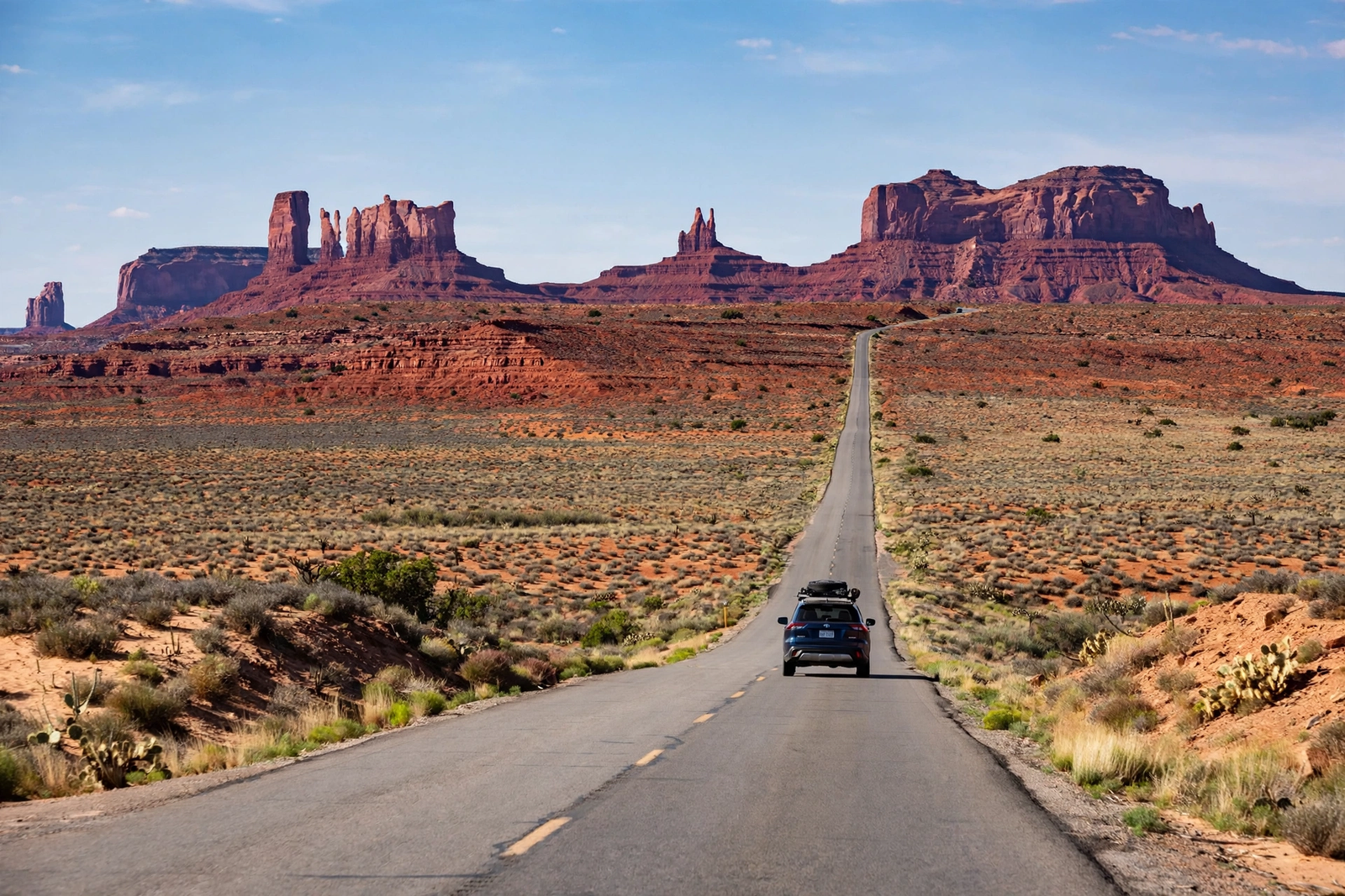 Scenic USA road trip route through the desert with a car driving toward mountains