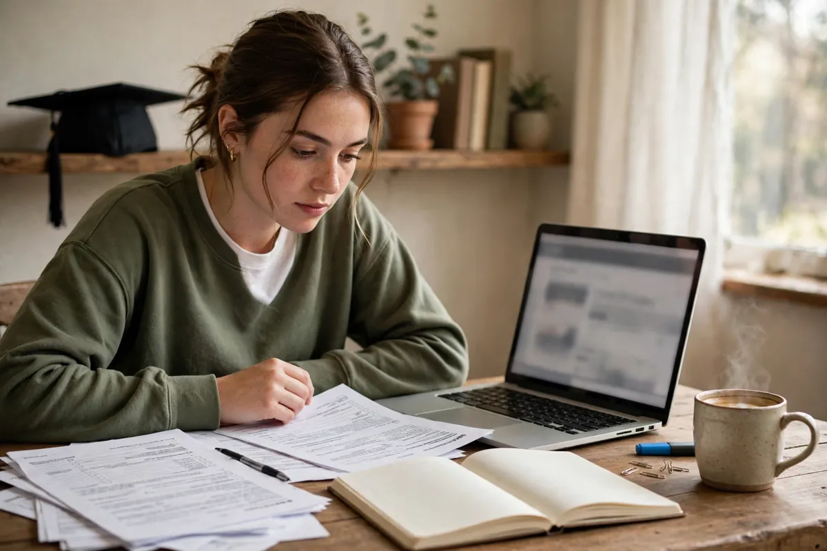 A young American graduate reviewing student loan paperwork on a laptop at a desk, with a notebook, coffee, and a graduation cap nearby